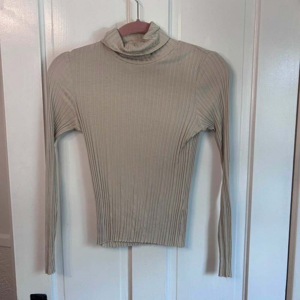 Kotn Turtleneck Top Womens Small Beige Ribbed Egyptian Cotton Long Sleeve